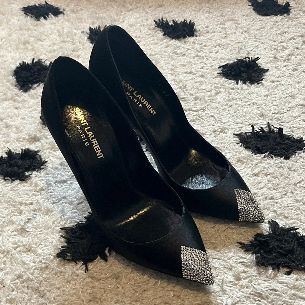 Saint Laurent size 37 silk black crystal embellished heels - Picture 2 of 13